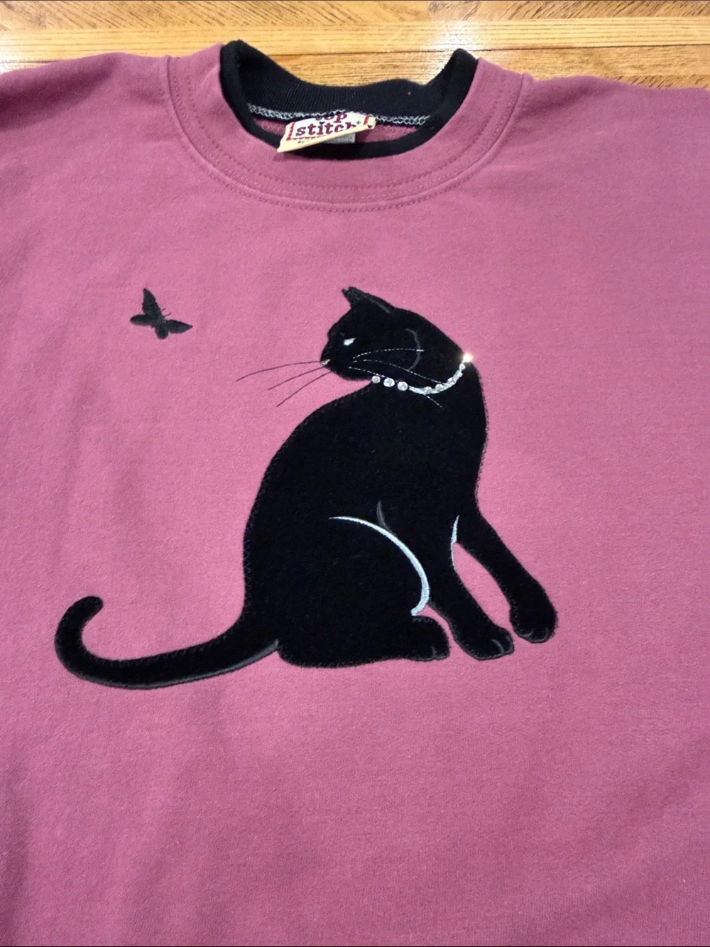 VTG 90s Top Stitch by Morning Sun Black Cat Velvet Pearl Collar Sweatshirt Pink
